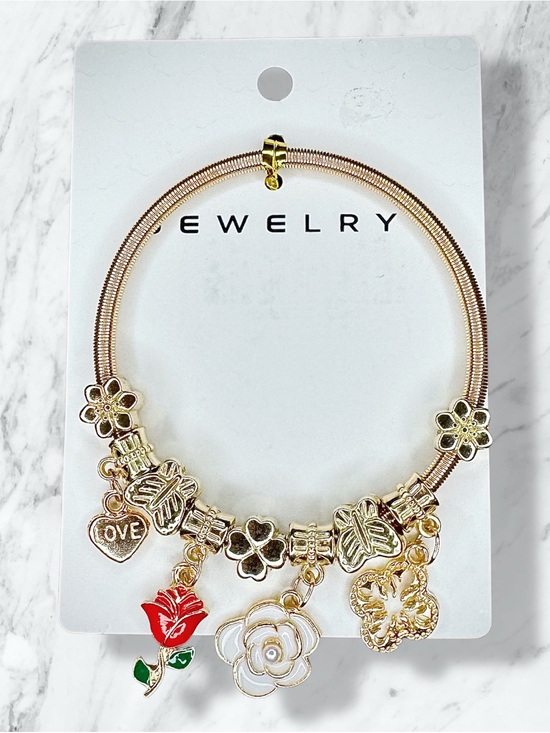 Jewelry - Gold Tone Floral Charm Bracelet with Red Rose and White Flower Charms